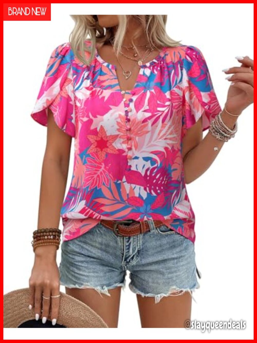 Womens Boho Floral Paisley Blouse Short Petal Puff Sleeve Button Down Top